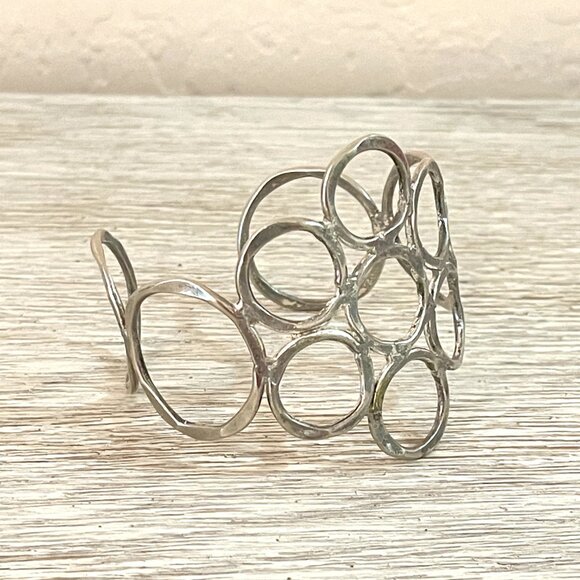 Cuff Bracelet Wide Silver Circles Adjustable Metal - Picture 3 of 8